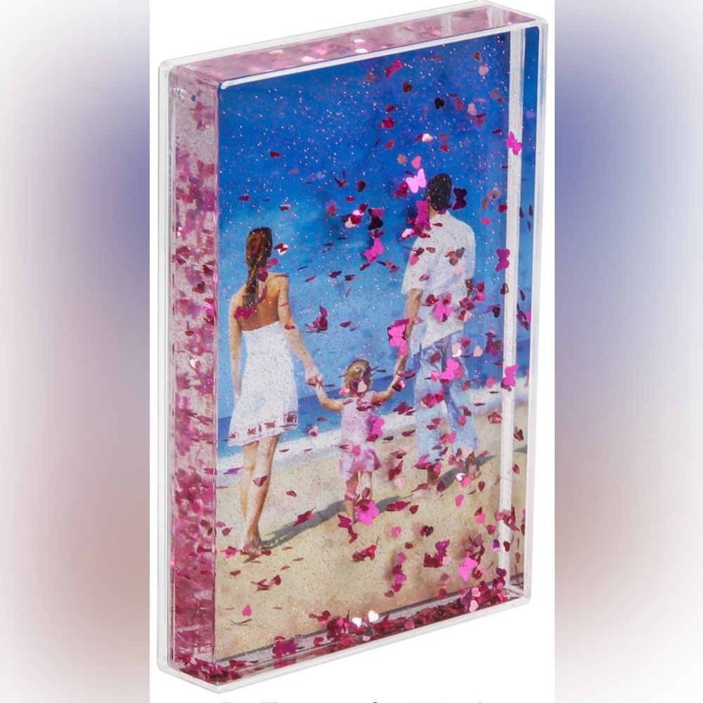 New Niubee 5x7 Glitter Liquid Photo Frame Acrylic w/Pink Butterflies & Hearts